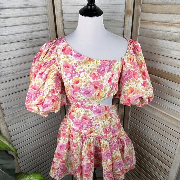 Sofie the Label Pink Floral Puff Sleeve Ruffled Skirt Sundress Size Small - Picture 2 of 8
